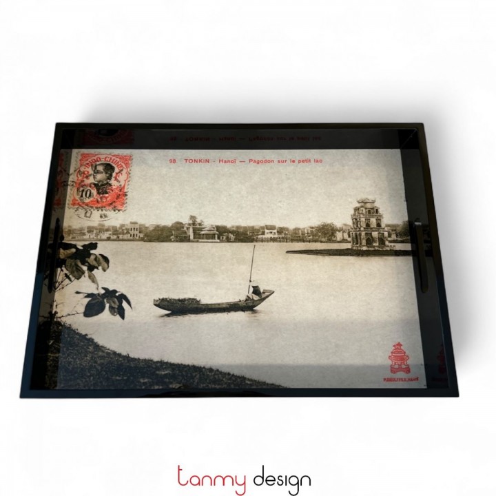 Khay sơn mài chữ nhật tranh Hồ Hoàn Kiếm đen 42*32*5cm